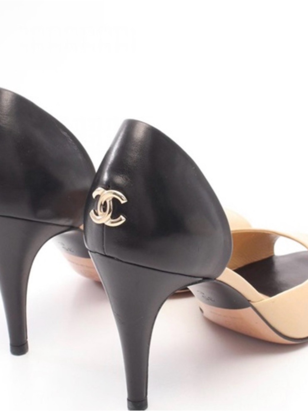 CHANEL Two-Tone D'Orsay Pumps in Black and Beige with Gold CC